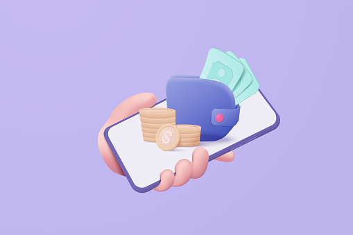 3D money coin hand holding on pastel background. holding money wallet in smartphone concept, wallet coin and payment 3d vector render concept. finance, investment, money saving on mobile isolated