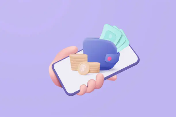 Vector illustration of 3D money coin hand holding on pastel background. holding money wallet in smartphone concept, wallet coin and payment 3d vector render concept. finance, investment, money saving on mobile isolated