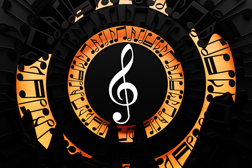 Black music notes of song melody flowing in the air on a dark background. Copy space for your text or article on the left. The concept of music and aesthetic rhythm. 3D illustration rendering.