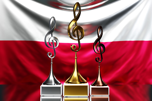 Treble clef awards for winning the music award against the background of the national flag of Poland , 3d illustration.
