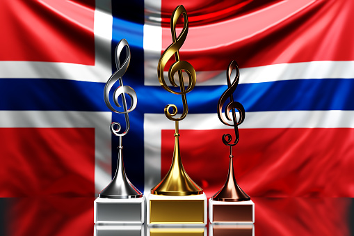 Treble clef awards for winning the music award against the background of the national flag of Norway, 3d illustration.