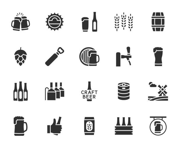 ilustrações, clipart, desenhos animados e ícones de conjunto vetorial de ícones planos de cerveja. contém ícones pint, lúpulo, malte, cervejaria, caneca de cerveja, barril, chope e muito mais. pixel perfeito. - cans toast