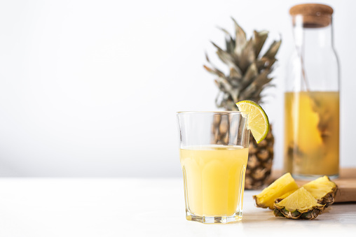 Fermented Pineapple Kombucha Drink - Tepache. Homemade lemonade. Healthy flavored drink. Copy space