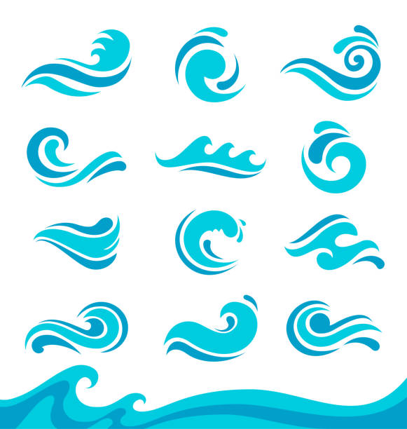 블루 웨이브 세트. 액체 모양 요소 - 파도 패턴 stock illustrations