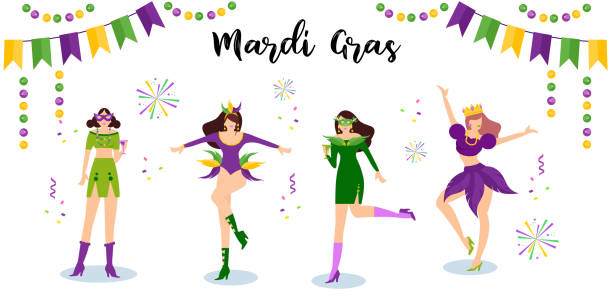 Vector illustration Mardi Gras carnival woman dance with fun Happy Mardi Gras Carnival Festive, Popular Event in Brazil Concept with Brazilian Rhythm, Dance and Music Isolated on light Background fool stock illustrations