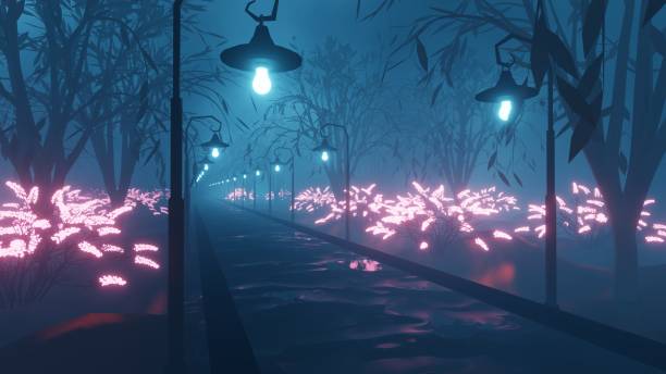 istock Foggy night park scene. 1395876695