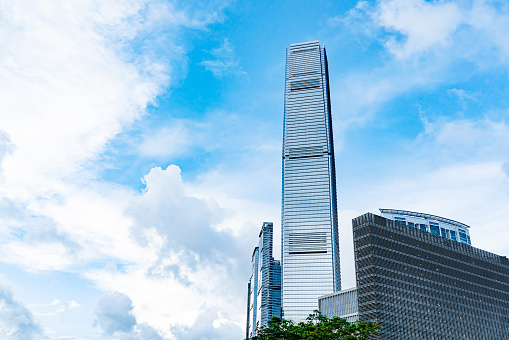 Panorama of Victoria Harbor of Hong Kong at sunny day