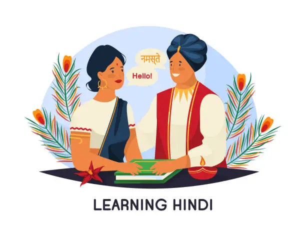 Vector illustration of Hindi lesson with tutor or teacher, vector banner