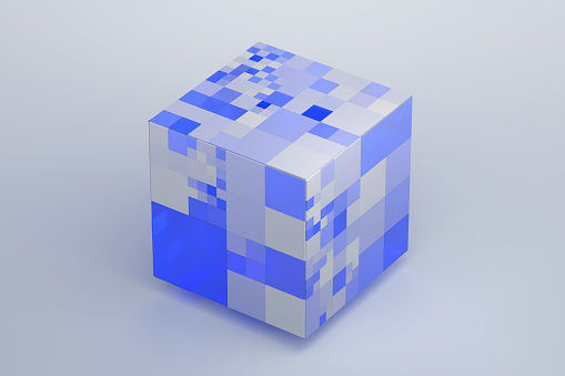 Abstract 3d render, blue and white geometric composition, background design