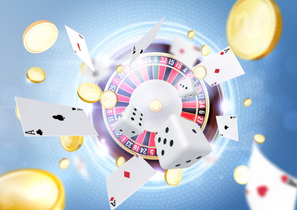 istock Casino roulette with chips, white dice realistic gambling poster banner. Casino fortune roulette wheel flyer design. 1395881905