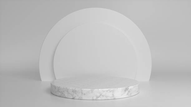 istock Marble glossy podium, pedestal on grey background. Blank showcase mockup with empty round stage. Abstract geometry background. Stage for advertising product display with copy space. 3d render 1395886194