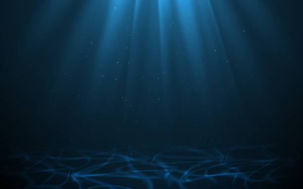 ilustraciones, imágenes clip art, dibujos animados e iconos de stock de rayos de luz vectoriales en azul oscuro fondo submarino oceánico. resplandor del sol en el fondo del mar. aguas tormentosas del océano profundo con partículas de polvo de plancton. rayos de luz solar que iluminan la oscuridad profundidades del océano - sunbeam underwater blue light