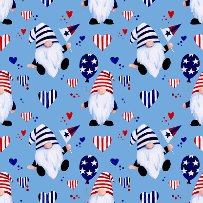 watercolor seamless pattern for American Independence Day. 4th of July, festive background with balloons, fireworks, flags, gnomes