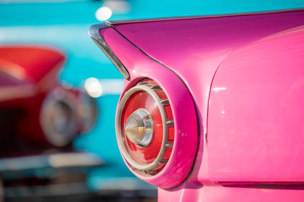 Detail back lit of pink taxi convertible vintage car in old Havana Cuba stock photo