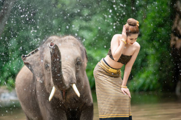 istock An elephant spraying water on a girl 1395891462