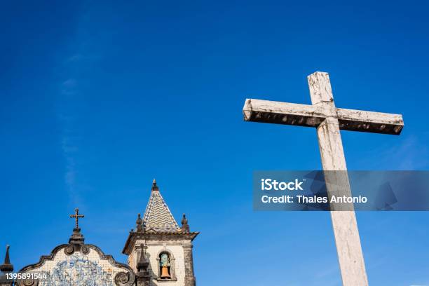 Cement Cross Of Boa Viagem Church Against Blue Sky Stock Photo - Download Image Now