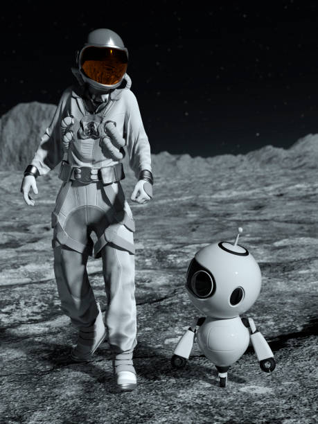 istock Astronaut and small robot at the spacewalk on the moon 1395893726