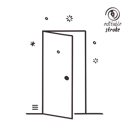 Opening door concept can fit various design projects. Modern and playful line illustration featuring the stage drawn in outline style. It's also easy to change the stroke width and edit the colour.