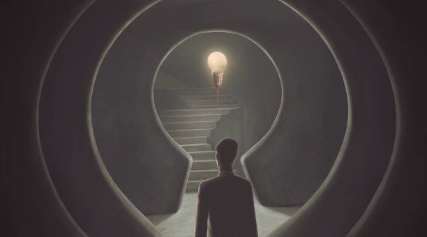 istock Success ambition and dream concept idea. Surreal artwork. Businessman with a stair to a light buib in a key hole gate, business background 3d illustration. painting 1395895553