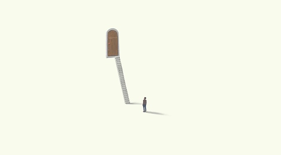 Concept idea of success, way, dream, business. Conceptual 3d illustration. minimal art. Surreak painting of a man and a stair to a door