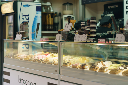 Barcelona, Spain - November 26, 2018: Ice-cream shop window. Tasty sweet. Frontal view. City street. Big choice or assortment.