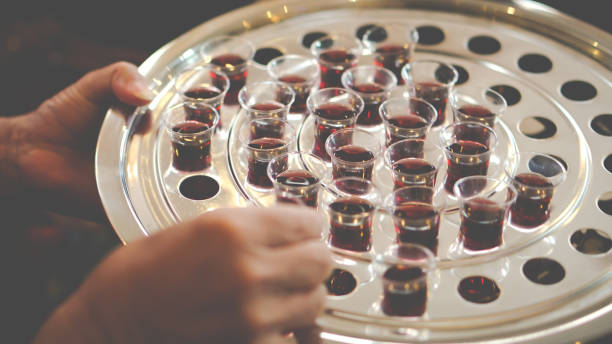 Serving, Tray for wine in a Holy communion. stock photo