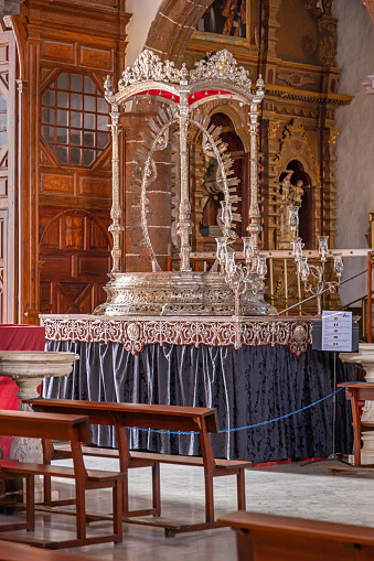 Religious equipment made of pure silver in Iglesia de la Concepcion or Church of the Immaculate Conception was built in the early 1500s in a baroque style and is one of the oldest churches in Santa Cruz which is the main city on the Spanish Canary Island Tenerife