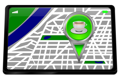 tablet computer with green map pointer with a cup of coffee - 3D illustration