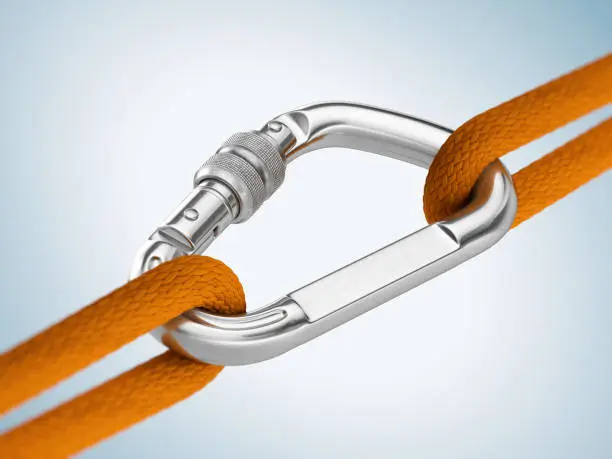 Steel carabiner hook with a climbing rope. Reliability, support concept. 3d rendering