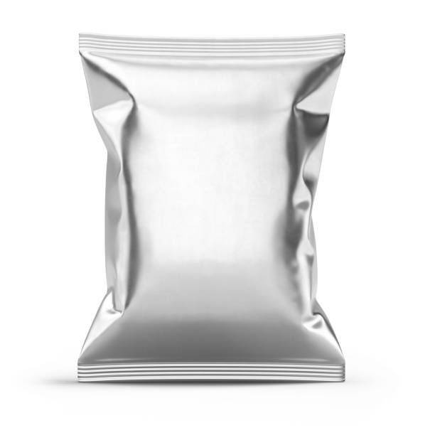 istock Blank metallic plastic bag. Food snack, chips packaging isolated on white background. 3d rendering mockup template 1395898410