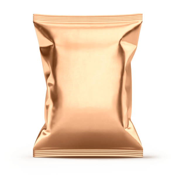 istock Blank golden metallic plastic bag. Food snack, chips packaging isolated on white background. 3d rendering mockup template 1395898422