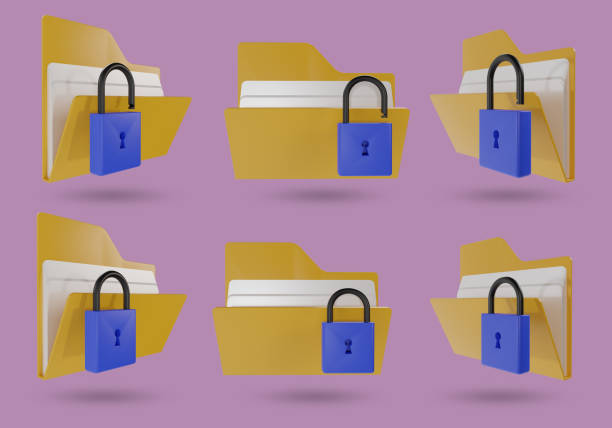 set of locked and unlocked document file folder icons. padlock, 3d rendering