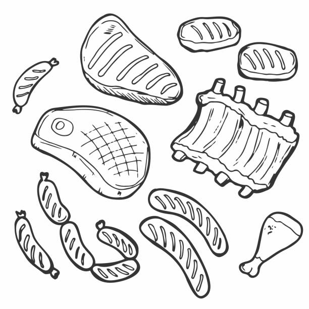 ilustrações de stock, clip art, desenhos animados e ícones de vector hand drawn meat elements set on white - costeleta comida ilustrações