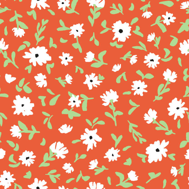 Hand drawn flowers with leaves seamless repeat pattern on orange background. Random placed, vector botanical all over surface print. cottagecore stock illustrations