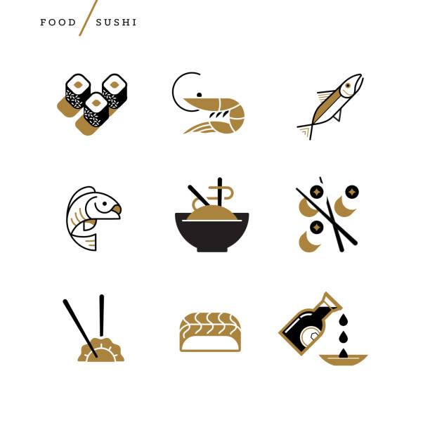 ilustrações, clipart, desenhos animados e ícones de ilustração de ícones de sushi - black dishware sushi isolated