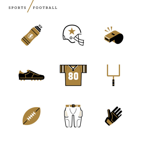 Illustration of football icons Creative abstract vector art illustration of football icons. Geometric shapes concept template sports fall goal post flag pigskin water bottle jersey glove pants helmet cleats whistle score outline cleats stock illustrations