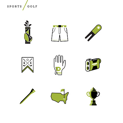 Creative abstract vector art golf icon set. Geometric shapes concept. Template sports hole club ball golfer flag stick tee use trophy range finder banner clubs shorts repair glove bag line isolated
