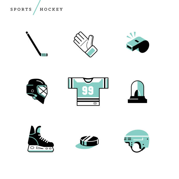Illustration of hockey icons Creative abstract vector art illustration of hockey sport. Geometric shapes modern concept Line art helmet stick puck gloves goal goalie ice jersey rink ref whistle skates offsides siren score outline hockey skates stock illustrations