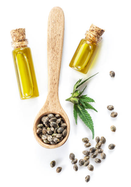 Cannabis seeds in the wooden spoon and bottles of hemp oil isolated on white background. Close up. stock photo