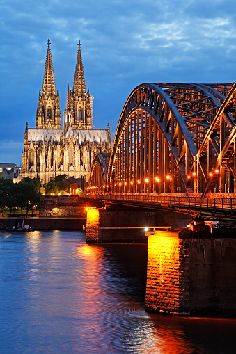 Hohenzollern Bridge and Cologne Cathedral at night, Germany