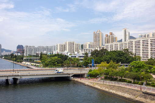 Hong Kong - May 7, 2022 : General view of the Shing Mun River in Sha Tin, New Territories, Hong Kong.