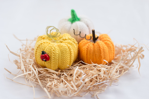 Knitted orange and yellow pumpkins with knitting needles. Handmade work