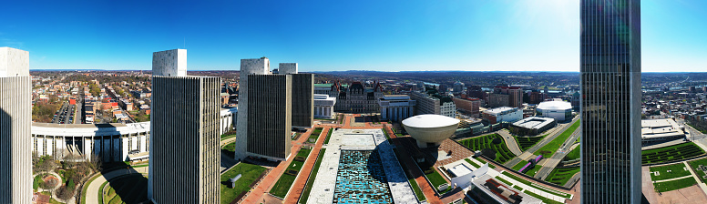 An aerial panorama view of the Empire State Plaza, Albany, NY on fine day, editorial