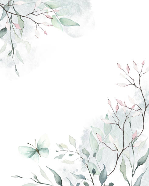 illustrazioni stock, clip art, cartoni animati e icone di tendenza di cornice floreale dipinta ad acquerello su sfondo bianco. rami grigi, blu e rosa, foglie, macchie astratte. - floral pattern backgrounds spring flower