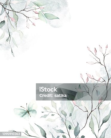 istock Watercolor painted floral frame on white background. Gray, blue and pink branches, leaves, abstract stains. 1395910263