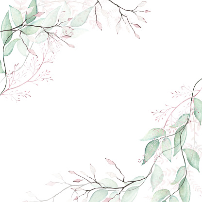 Watercolor painted floral frame on white background. Gray, blue and pink branches, leaves, butterfly, abstract stains.