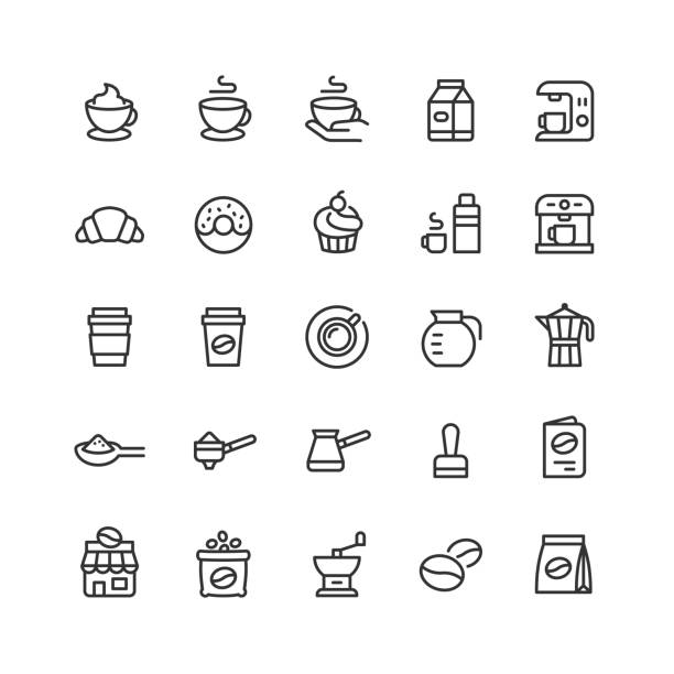 커피 라인 아이콘 편집 가능한 스트로크 - cup coffee pot coffee coffee cup stock illustrations