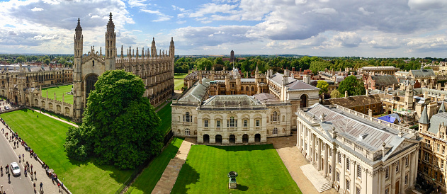 Cambridge, UK- August 20, 2014:  The Panorama of King's College and Senate House, seen from the tower of Saint Mary's Church.