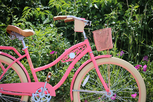 Special edition pink retro style touring mountain bike for adult women with travel basket in summer