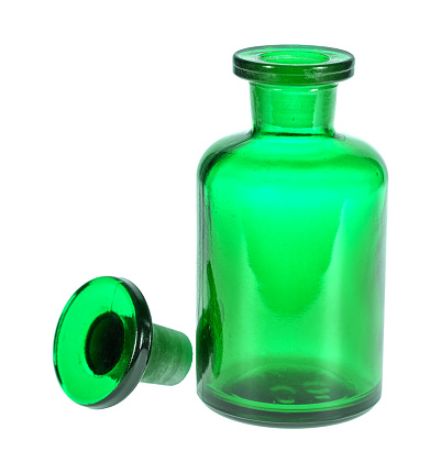 Small pharmacy bottle against a white background.